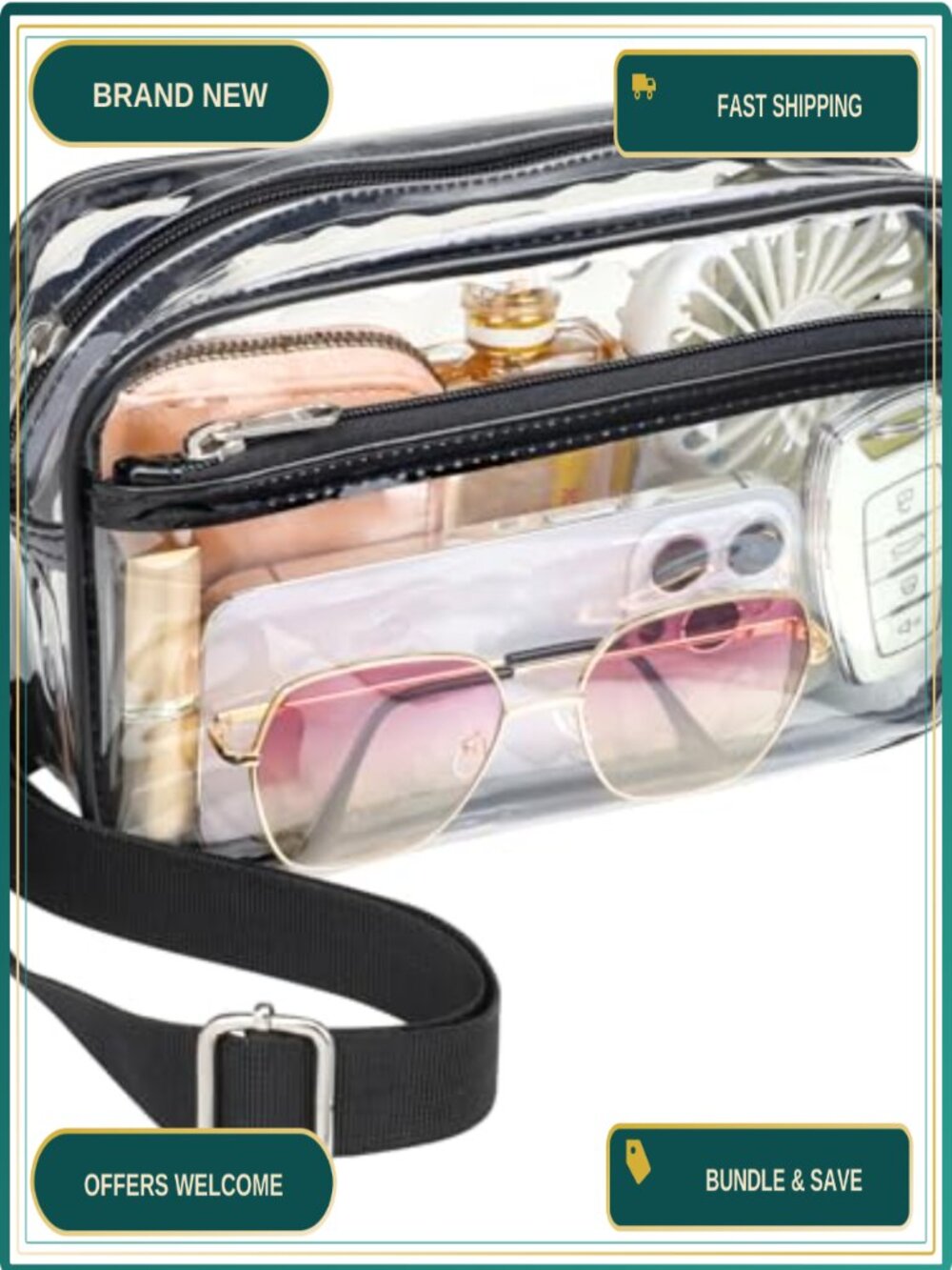 Clear PVC Crossbody Bag Stadium Approved Small Purse Adjustable Strap Zip Zip
